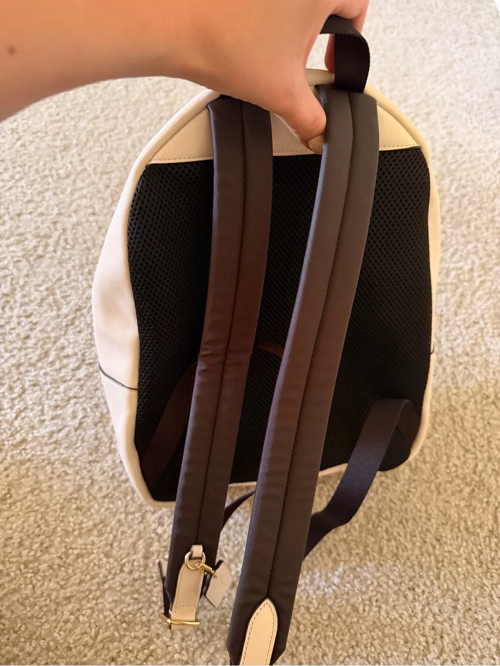 Coach Beige Canvas Backpack with Pink Stripe Accents